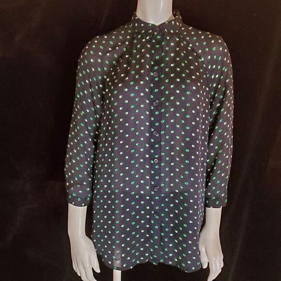 Cabi Blue, Green, & White Sheer Dots Button Down Shirt (XS) - Picture 4 of 7